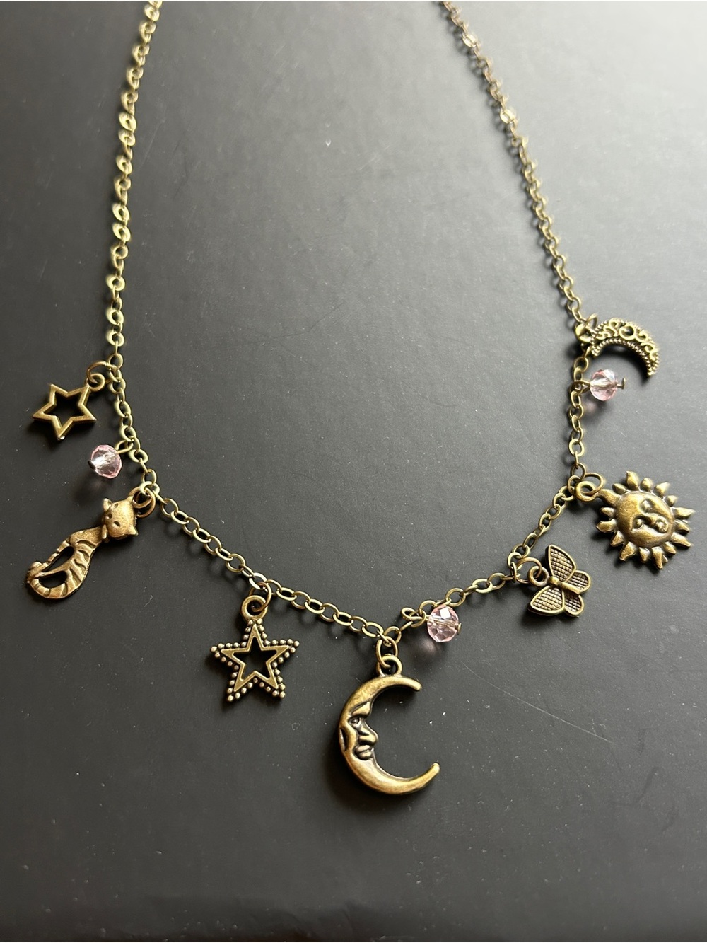 Antique bronze Celestial & Nature Charm Necklace with Pink Accents